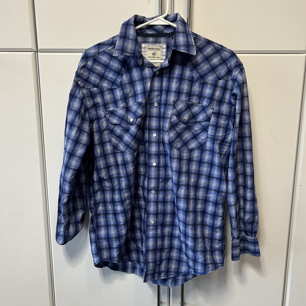 Rough Stock Panhandle Slim Mens Blue Plaid Western Pearl Snap Shirt Med ROS2360